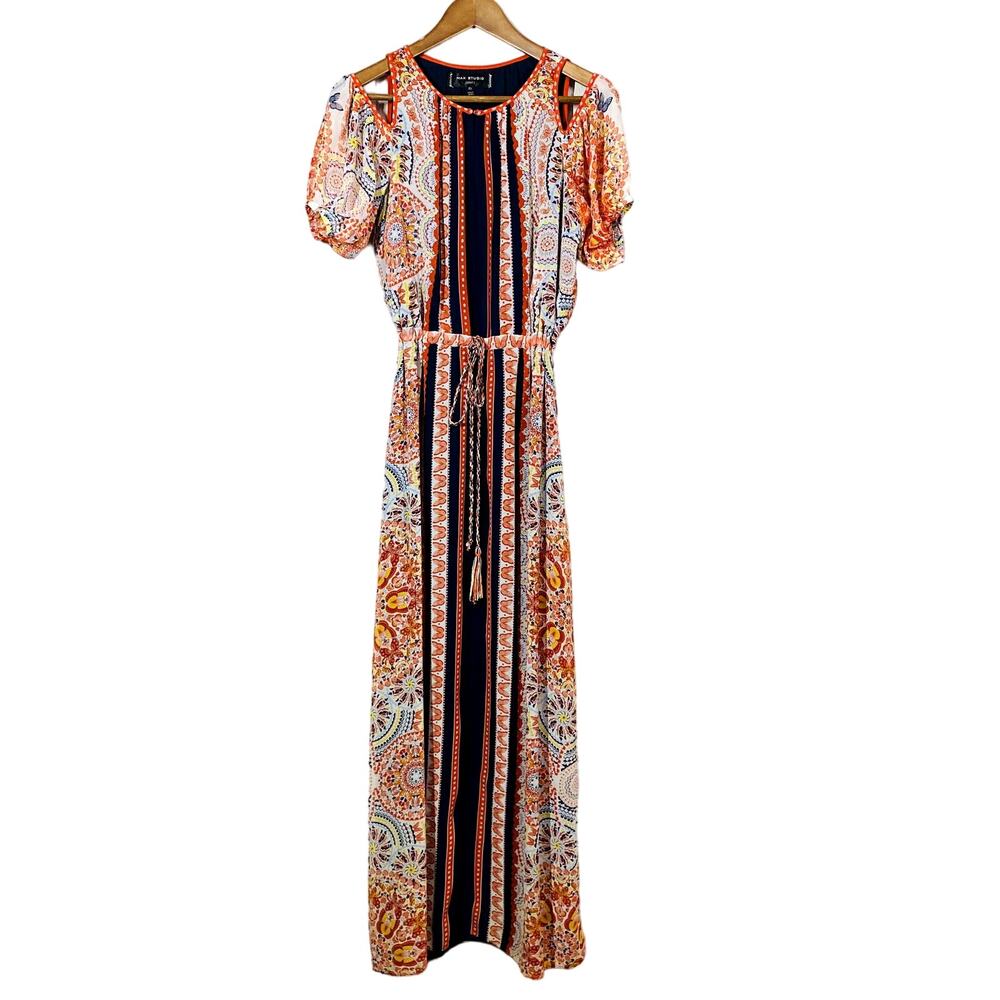 Max Studio Edit Boho Elastic Waist Maxi Dress Butterfly Print Orange Blue - XS